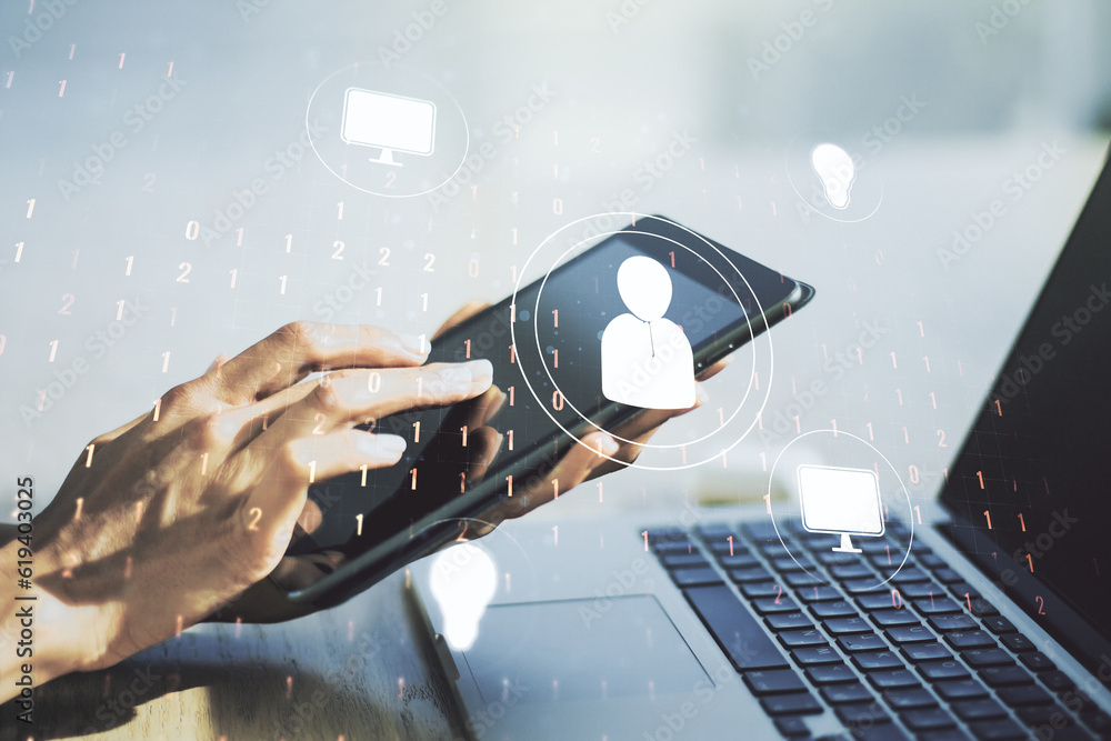 Poster Social network media concept with finger presses on a digital tablet on background. Double exposure