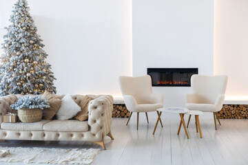 Beautiful living room interior with Christmas tree