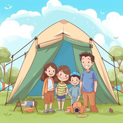 There is a happy family in the camping site, and is on vacation