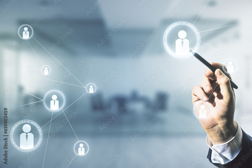Poster man hand with pen working with abstract virtual social network concept on blurred office background.