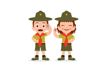 happy cute little kid boy and girl wear scout uniform