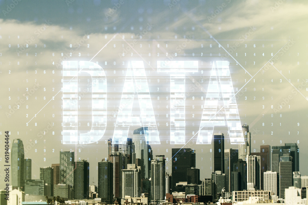 Aufkleber data word hologram on los angeles office buildings background, big data and blockchain concept. mult