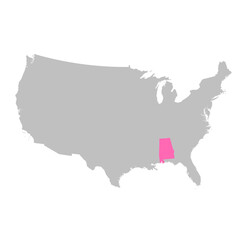 Vector map of the state of Alabama highlighted highlighted in bright pink on a map of United States of America.