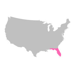 Fototapeta premium Vector map of the state of Florida highlighted highlighted in bright pink on a map of United States of America.