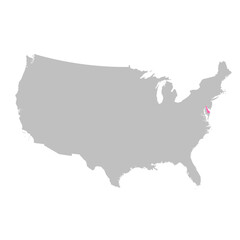 Vector map of the state of Delaware highlighted highlighted in bright pink on a map of United States of America.