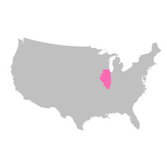 Vector map of the state of Illinois highlighted highlighted in bright pink on a map of United States of America.