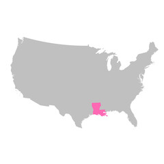 Vector map of the state of Louisiana highlighted highlighted in bright pink on a map of United States of America.
