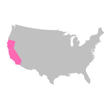 Vector map of the state of California highlighted highlighted in bright pink on a map of United States of America.