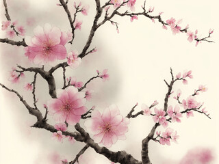 Branch of sakura blossoms, watercolor illustration. Generative AI