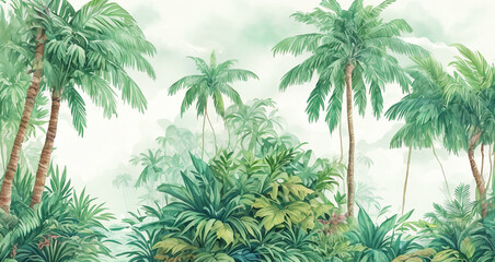 Fototapeta na wymiar Palm trees in a jungle forest. decorative watercolor painting, landscape. Generative Ai