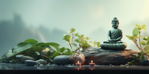 A buddha statue sits on a rock, zen and mindfulness concept, minimalist background, backdrop