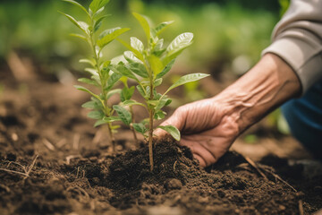 Farm workers plant green tree seedlings on the land