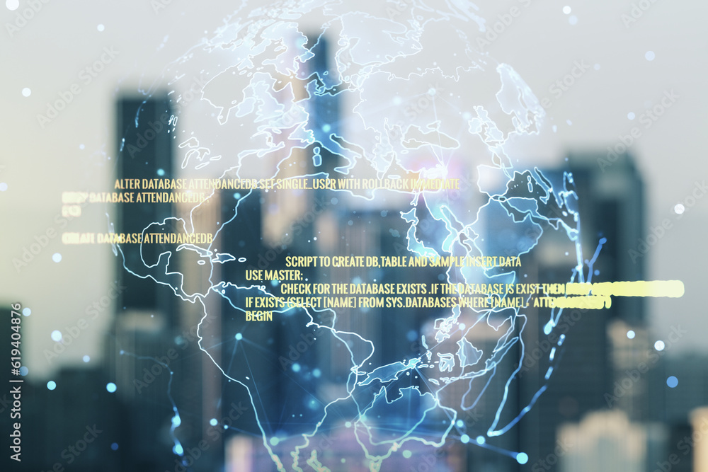 Poster double exposure of abstract creative programming illustration and world map on blurry office buildin