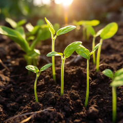 The concepts of plant growth are growing on the fertile soil in nature and morning light.