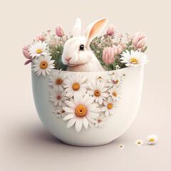 Little fluffy rabbit surrounded by flowers. Generative AI.