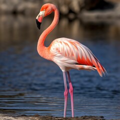 AI generated illustration of A pink Flamingo stands on water, with a blurry background