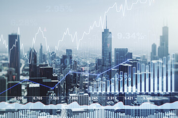 Double exposure of abstract creative financial chart hologram on Chicago skyscrapers background,...