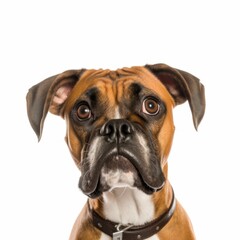 AI generated illustration of a Boxer dog perched atop a white background, gazing into the camera