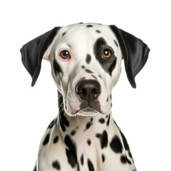 AI generated illustration of a Dalmatian
dog perched atop a white background, gazing into the camera