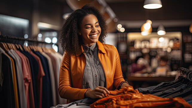 Young beautiful women shopping in second hand store chooses vintage clothes