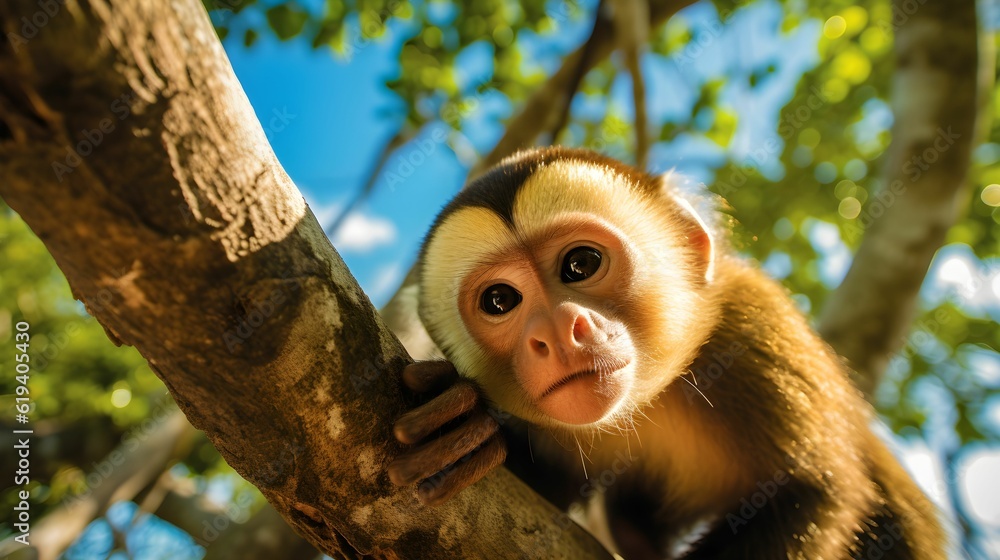 Poster ai-generated illustration of a monkey laying on top of a tree branch while looking into the camera