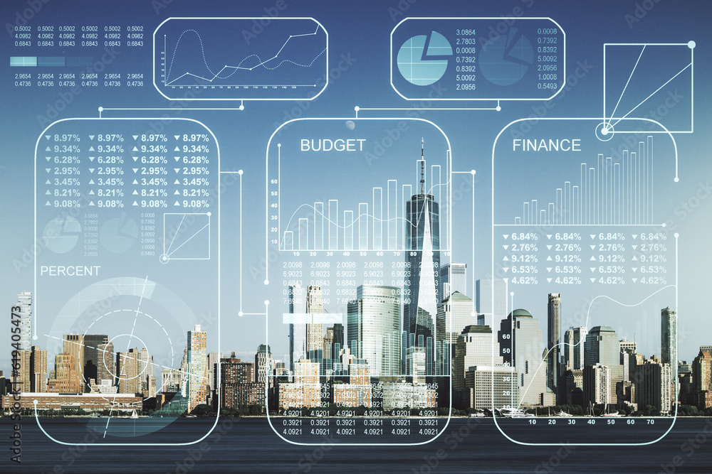 Poster Abstract virtual analytics data spreadsheet on New York cityscape background, analytics and analysis concept. Multiexposure