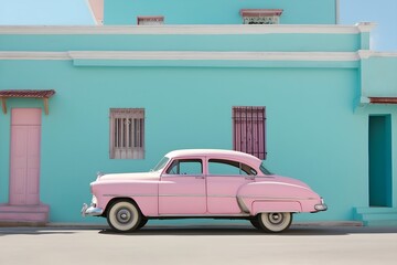 AI generated car driving in street with colorful buildings