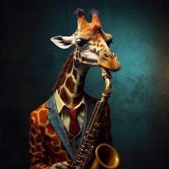 AI generated illustration of a giraffe wearing a suit and playing the saxophone - obrazy, fototapety, plakaty
