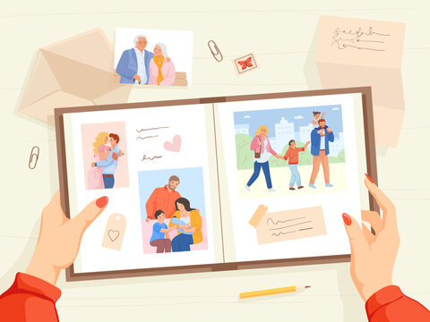 Hands holding family album. Female hand with book memory picture at home table, lady watching on couple young woman man on photo, past photograph happy emotions vector illustration