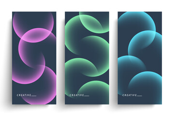 Vertical banners. Set of vibrant color gradient round shapes. Futuristic abstract backgrounds with bright colored spheres for creative graphic design. Vector illustration.