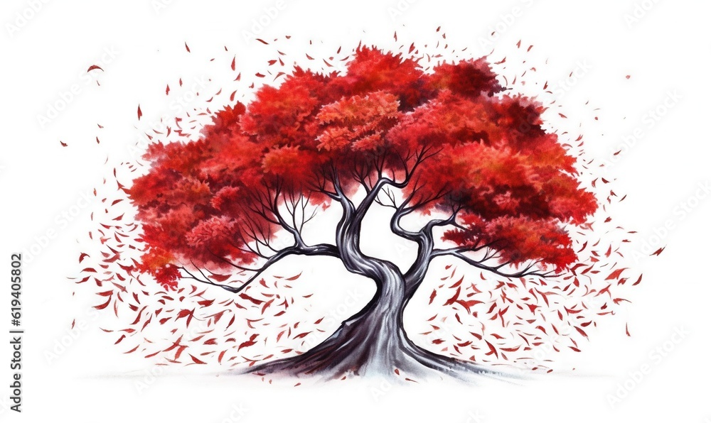 Poster a tree with red leaves blowing in the wind on a white background. generative ai