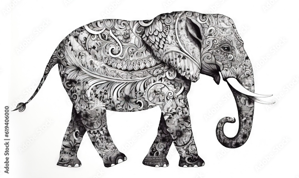 Poster a drawing of an elephant with intricate patterns on it's body. generative ai