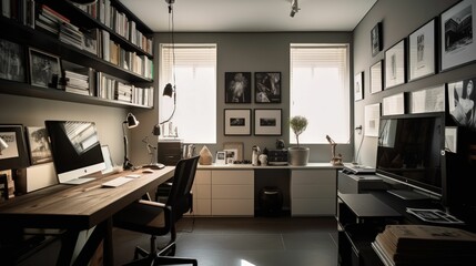 AI generated illustration of a modern home office space with a computer and decorations