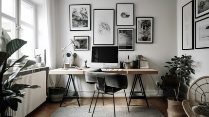 AI generated illustration of an organized room with a work desk and photo decorations