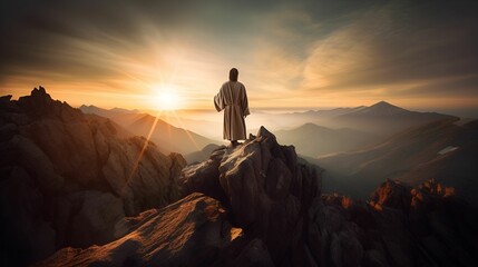 AI generated illustration of Jesus standing on the highest peak and looking at sunset