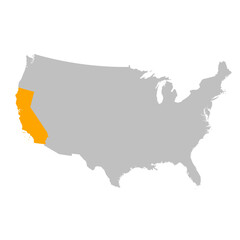 Vector map of the state of California highlighted highlighted in bright orange on a map of United States of America.