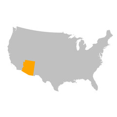 Vector map of the state of Arizona highlighted highlighted in bright orange on a map of United States of America.