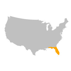 Vector map of the state of Florida highlighted highlighted in bright orange on a map of United States of America.