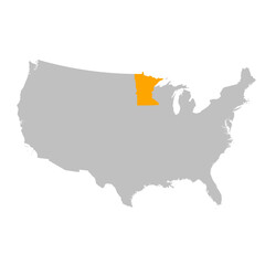 Vector map of the state of Minnesota highlighted highlighted in bright orange on a map of United States of America.
