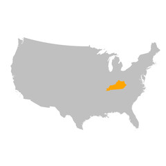 Vector map of the state of Kentucky highlighted highlighted in bright orange on a map of United States of America.