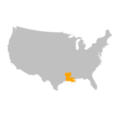 Vector map of the state of Louisiana highlighted highlighted in bright orange on a map of United States of America.