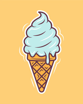 Ice cream cone cartoon style. Vector illustration isolated on a yellow background