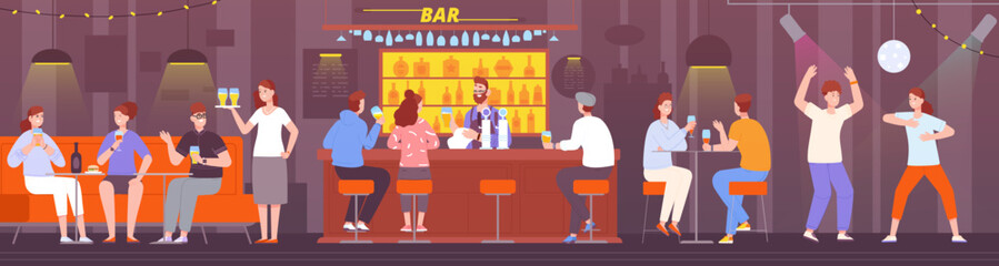 Friends in pub interior. People hangout bar counter, dancing party guy drink alcoholic beverage meeting happiness company waiter work night restaurant, splendid vector illustration