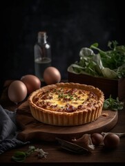 AI generated illustration of A freshly baked quiche served on a rustic wooden board