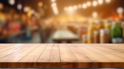 An Empty Wooden Table in the Midst of a Supermarket Blur