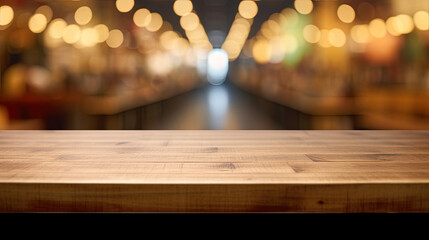 Serene Wooden Table amidst a Blurry Supermarket Scene