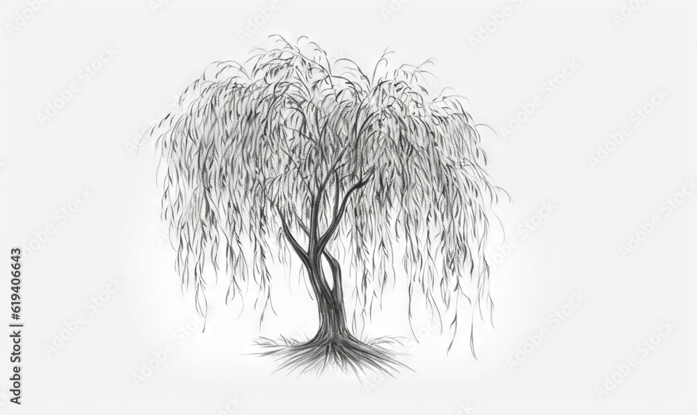 Poster a drawing of a willow tree with a white sky in the background. generative ai