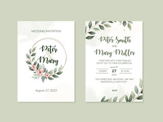 Wedding invitation card template with greenery leaf and branch, pink flowers watercolor painting