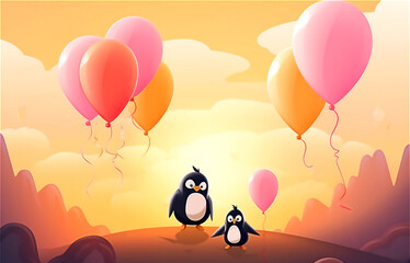 Happy Holiday Birthday . Happy Cute cartoon penguin. Illustration. Post processed AI generated image