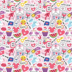 Romantic background with lots of cute cartoon stickers and hand written love phrases. Vector seamless pattern for Valentine's Day. 